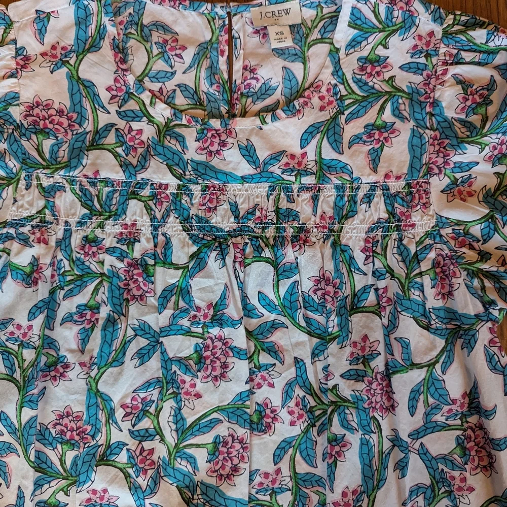 J. Crew Floral Puff Sleeve Top in White and Blue, Size XS